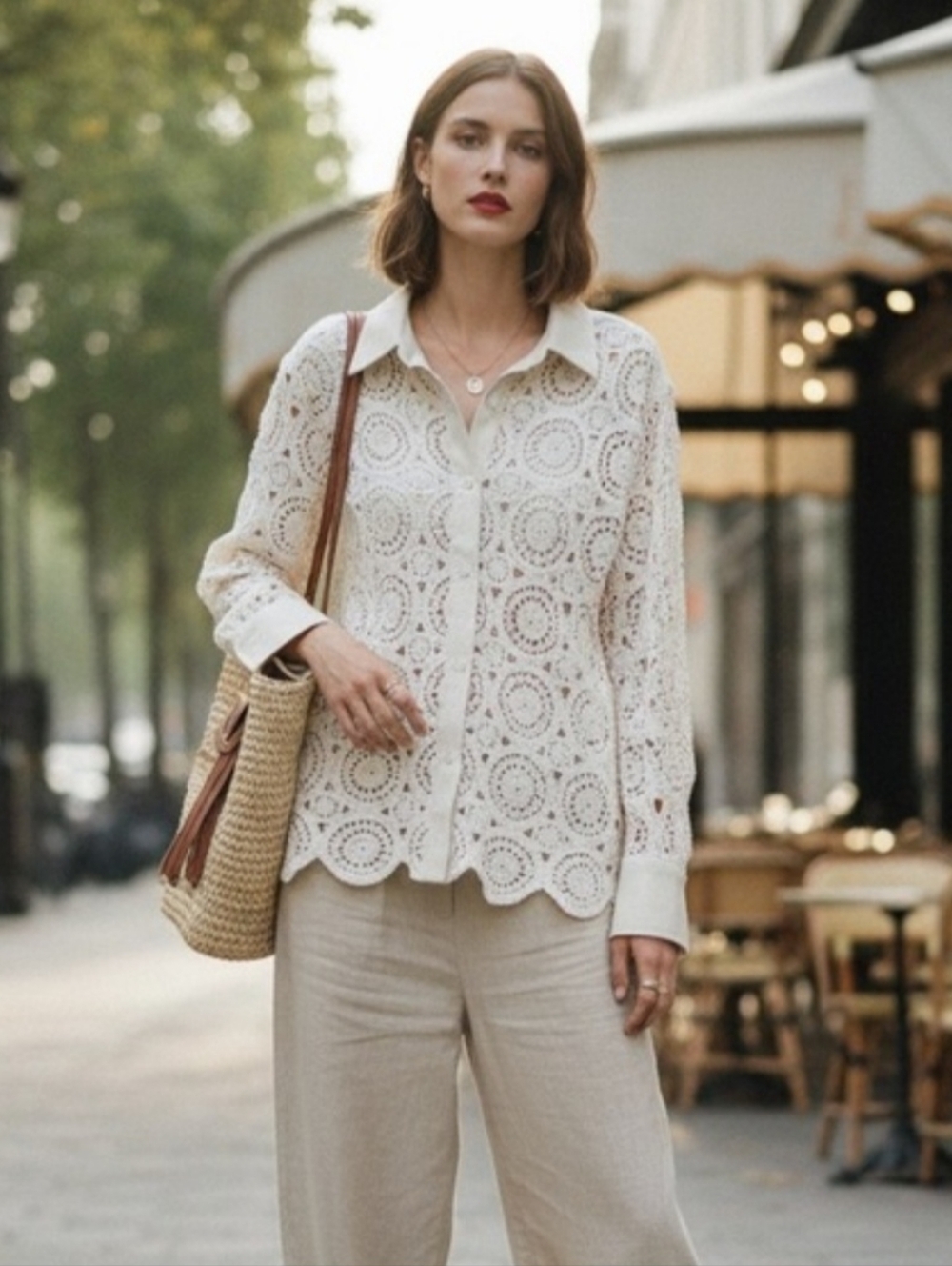 House of Harlow 1960 Crochet Lace Button-Down in Cream